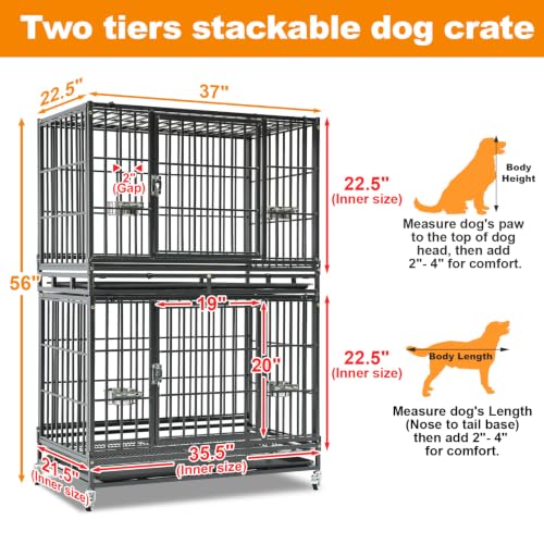 Homey Pet Two Tier 37" Heavy Duty Stackable Dog Crate with Wheels | Metal Crate for Dogs with Escape proof Locks, Tray, Bowl, Open Top, for Small and Medium Dogs, Breeders and Multi-dog Homes - size: 37.0"L - 2 Tiers - 1P