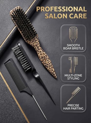 4 Pcs Hair Styling Tool Set, Detangling Brush & Rat Tail Comb, Edge Control Brush Kit, Yellow Leopard Print Hair Accessories for Flyaway Smoothing