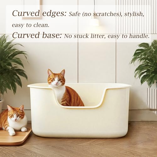 Large Cat Litter Box with High Sides, Side Entry Open Top Deep Tall Litter Pan, Kitty Litter Box for Indoor Small and Medium Cats, Creamy White (Anti-Splashing) 19.7" L x 15.4" W x 8.6" H - color: Creamy White