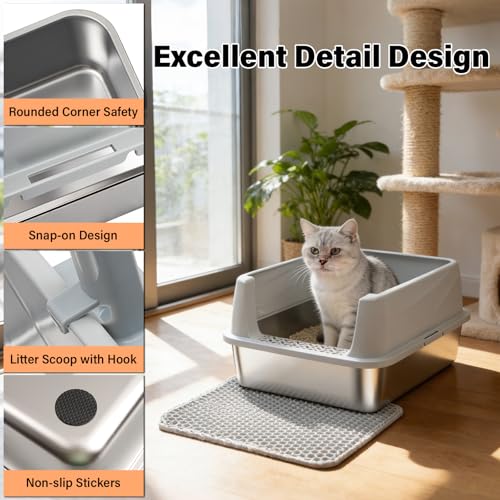 Stainless Steel Litter Box with Lid,Cat Litter Box for Kitten | Metal Kitty Litter Box for Small Cats,Non-Stick,Anti-Leakage,Easy to Clean,Include Scoop and Mat - size: M:17.5x13.6x8inch with Lid
