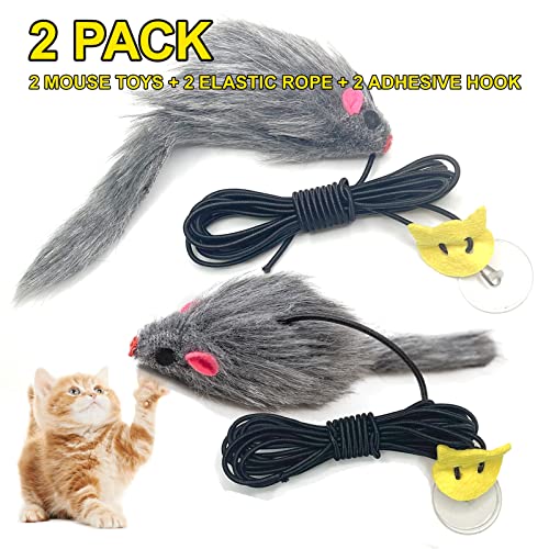 2PCS Cat Toys for Indoor Cats, Interactive Fly Chase Cat Door Toy Mouse Feather Toys for Mental Physical Stimulation, Kitten Toys Retractable Cats String Toys Teaser Play Exercise