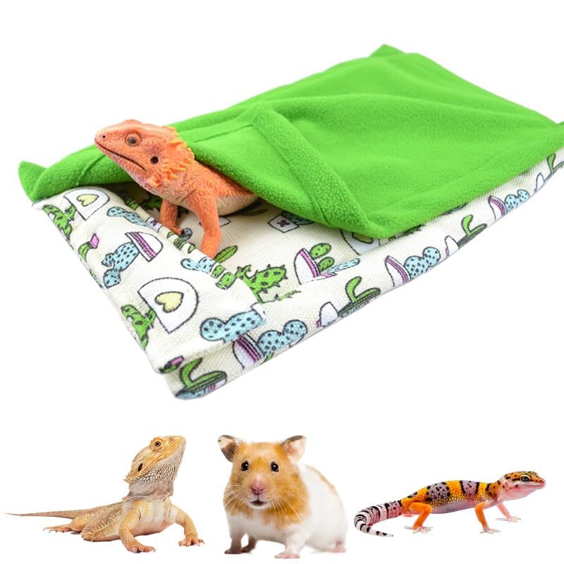 Bearded Dragon Hammock Sleeping Bag Set- Hanging Pet Bed with Pillow and Blanket Hideout Habitat with Soft Warm for Bearded Dragon Lizard Leopard Gecko and Small Pet Animal（Beige + green Quilt） - color: Beige + green Quilt