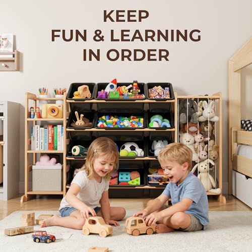 Toy Storage Organizer with Bookshelf and Stuffed Animal Storage - Kids Playroom Organization with Shelves and 12 Toy Bins - Toddler Living Room Toy Box for Lego - Nursery Bedroom Decor Essential - color: Black, size: 55.2"W,3 Shelves,12 Bins
