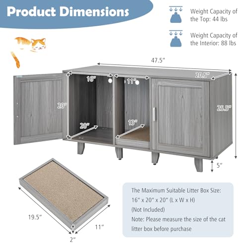 PETSITE Litter Box Enclosure for 2 Litter Boxes, Hidden Cat Washroom TV Stand End Table with 2 Cabinet, Scratching Board, Indoor Cat Litter Furniture (Grey Wash), Patented - color: Grey Wash