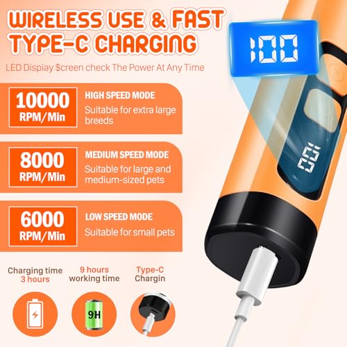 Dog Nail Grinder Electric Powerful 3 Speeds Dog Nail Clippers with Lights Quiet Cat Nail Clipper Painless Care Trimmers Tools for Small Medium Large Dogs and Cats（Orange） - color: Orange