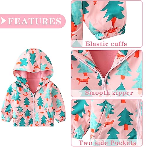 Happy Cherry Toddler Boy Girl Fleece Lined Jackets Waterproof Hooded Windbreaker Coat for Winter Fall 2023 - color: Thick Pink Fox Tree, size: 5T