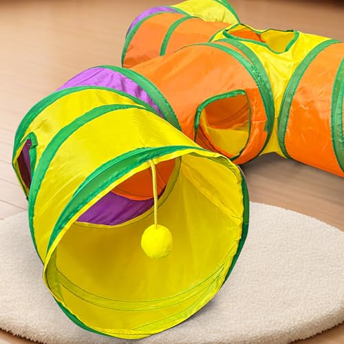 3-Way Cat Tunnels for Indoor Cats with Peek Hole, Large Foldable Rainbow Pet Tube Toy with Hanging Ball, Fun Interactive Toys for Kittens, Rabbits, Small Dogs - size: T Shape