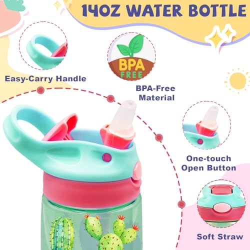 Kids Plastic Water Bottle - Cactus Gifts for Kids, 14oz Plastic Water Bottles with Straw Lid, Leakproof BPA-Free Cactus Water Bottle for Home Sports Travel, Pop-Up Straw Cover, Green - color: Cactus