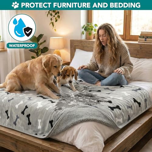 PETAMI Sherpa Fleece Waterproof CAT and Dog Blanket, Bone Gray, Queen - color: Bone Gray, size: Queen (90x90)
