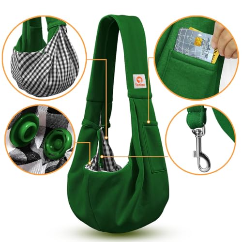 Tomkas Small Dog Cat Sling Carrier Puppy Purse Travel Wrap Soft Crossbody Pet Bag (Emerald Green, M - Classic Pocket & Classic Strap) - color: Emerald Green