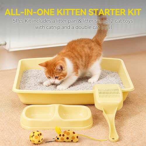 Pawise Newborn Kitty Litter Box Set, 5-Piece Cat Starter Kit – Includes Low-Entry Litter Pan, Scooper, Feeding Bowls & Mouse Toy, Ideal for New Kittens, 14.5 x 10.5 Inches, Yellow - color: yellow