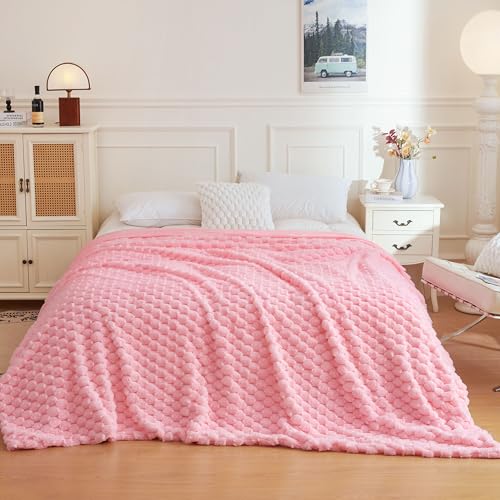 XeGe Luxury Bubble Fluffy Faux Rabbit Fur Bed Blanket Queen, Sweet Pink | 90"x90", Double-Sided, Hypoallergenic, No-Shed, Machine Washable, Pretty Comfy Fuzzy Blanket for Kids Teens Girls Women Mom - color: Pink, size: Queen (90" X 90")