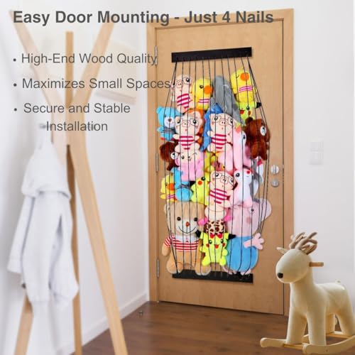 Stuffed Animal Storage Wooden Soft Toy Storage for Kids Room，Wall Mount Door Hanging Stuffed Animal Toy Organizer Shelf for Nursery Play Room Black -Patent - color: Black Board+Black Rope