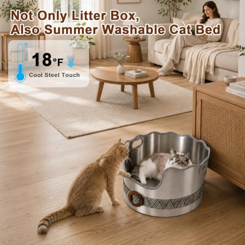 Round Stainless Steel Cat Litter Box High Sided, Large Metal Litter Box with Fashion Woven Belt, Easy Access & Turning Litter Pan for Medium & Senior Cats, Kittens, Odor Control, Easy to Clean