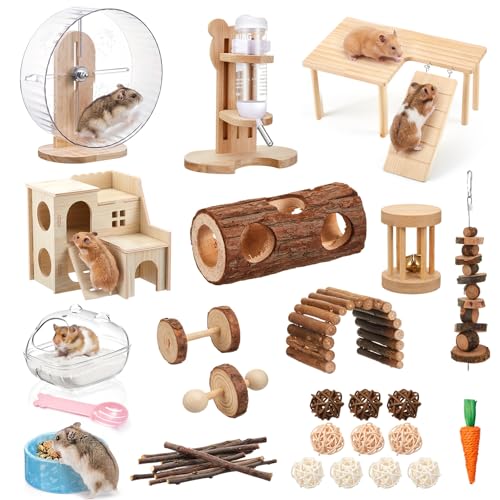 40 Pcs Hamster Cage Accessories, 9.5'' Exercise Wheel, Wood Platform Hideout House, Water Bottle, Sand Bath, Bowl, Chew Toy for Syrian Hamsters Mice Gerbils Habitat Decor (Natural Style) - style: Natural Style