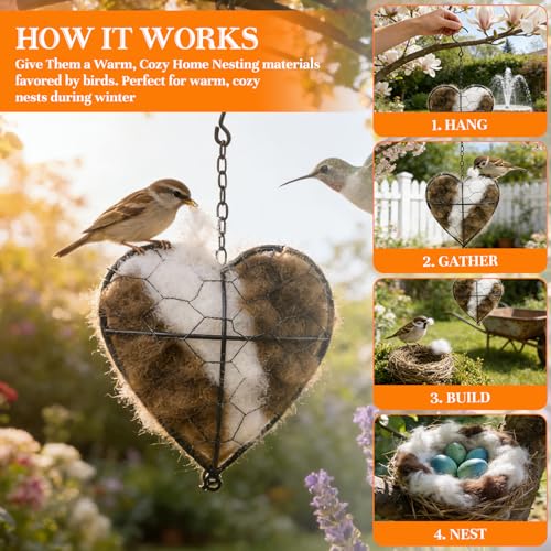 KOSIMI Handmade Alpaca Fiber Bird Nesting Heart, Birds Nests Material Holder, Hummingbird Houses Nest Boxes Gifts for Outside Garden Art Birdhouse, Birds Lovers, Winter Tree Shelter for Wild Bird