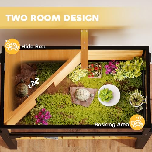 PawHut Tortoise Habitat w/Storage Shelf, Clear Windows, Lamp Holder Yellow | Wooden Tortoise Enclosure, Openable Top, Built-in Tray, Reptile Cage for Indoor Outdoor Use - color: Yellow