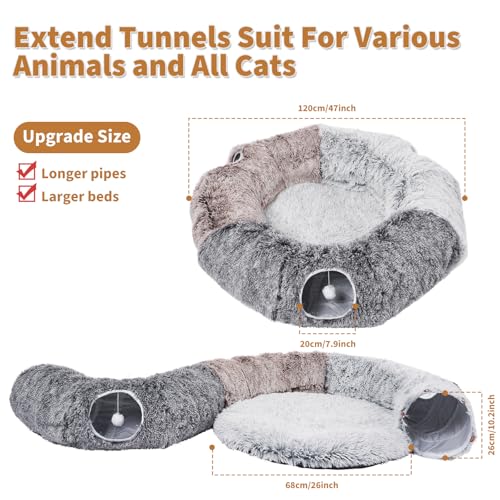 Large Cats Tunnels for Indoor Cats Fluffy Warm Cat Bed and Detachable Cave Tunnels with 20 Pet Toys, Donut Tunnel and Variety Kitten Toy Set for Playing - color: Large (D: 47in)