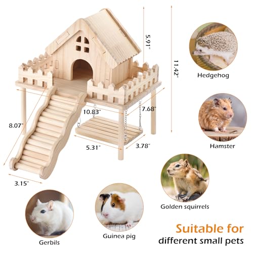 Hamster Wooden House with Platform,Ramp & Swing - Natural Wood Play Set forSyrian Dwarf Hamsters, Gerbils, Mice,Small Animals Cage Accessories