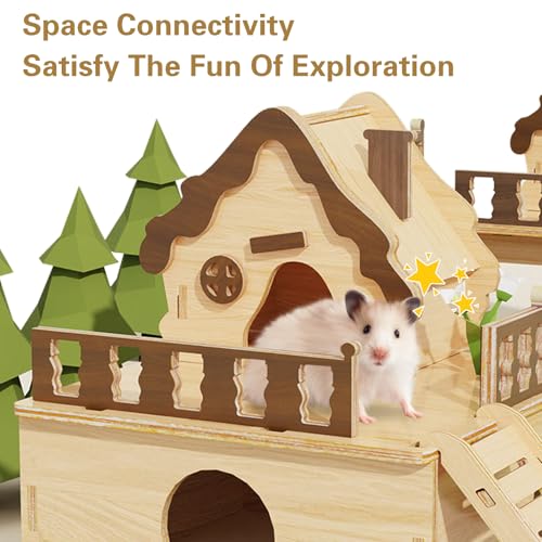 Wooden Hamster Platform and Dwarf Hamster House,Cute Syrian Hamster Tiny House Hideout,Large Balcony Lookout Holes,for Dwarf Gerbils and Mouse Mice Rat Other Small Animals(G) - color: BrownL