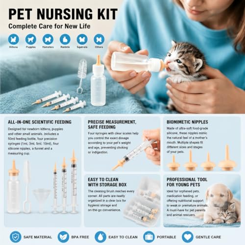 Miracle Nipple for Kittens,and Other Small Animals | Kitten Bottle Feeding Kit Includes Nipple,Formula Dispenser,Liquid Syringe,Measuring Cup,And Cleaning Brush