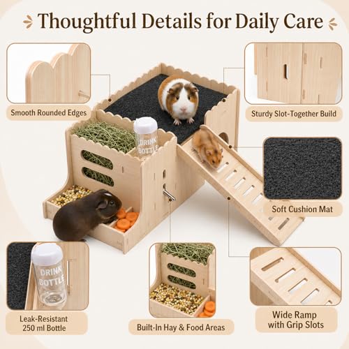 Large Guinea Pig Hideout, Hamster Hideout, with ramp, Easy to Assemble, Sturdy Wooden Small Animal Bed Platform, with Water Bottle, Granary, Used for Small Animal House Habitat or Hamster Hideout - color: Feeder