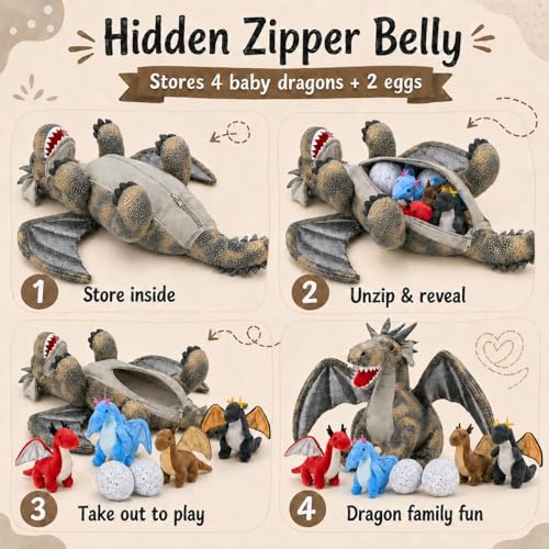 Dragon Plush with 4 Babies, 21.7" Dinosaur Stuffed Animal, Gray | 7Pcs Dragon Plush Family; Mommy, 4 Baby Dragons & 2 Eggs; Zipper Belly Pretend Play; Birthday & Christmas Gift for Kids - style: Dragon Gray