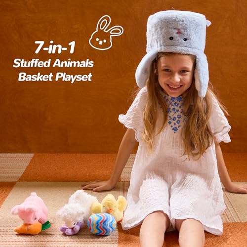 Vposyako 7 Piece Easter Basket Eggs Playset Stuffed Rabbit Chick Lamb Toy Set for Kids Girls Boys Ages 3+ Easter Bunny Basket Plush Sensory Toys Soft Plush Toy for Easter Party Favors - style: Blue Easter Basket
