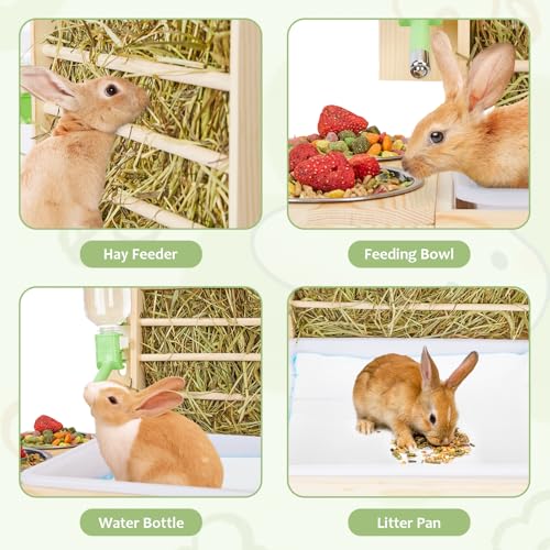 4 in 1 Rabbit Hay Feeder with Litter Box, Small Animals Hay Rack with Water Bottle, and 2 Bowls, Wooden Bunny Hay Holder Feeder Toilet Combo for Rabbit, Guinea Pig, Hamster, Hedgehog, Chinchillas