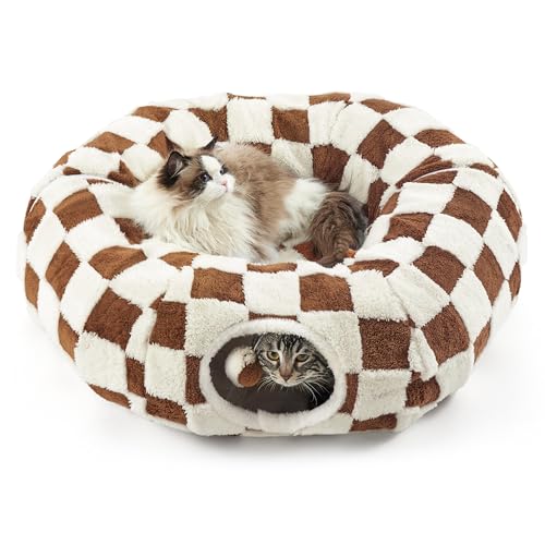 Lesure Donut Cute Jacquard Cat Tunnel Bed Kitten Toys for Puppy Bunny | 33.5x33.5x10in,Round Cat Bed Tube for Indoor Cats Rabbit Dog,Pet Peekaboo Cave Toy,Spiral Hideaway,Washable Cushion,Brown - color: Brown Checks, size: Standard (33.5"L x 33.5"W x 10"H