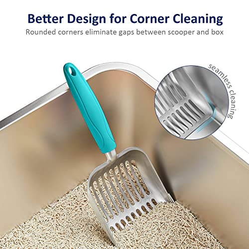 Cat Litter Scoop, Aluminum Alloy Sifter, Kitty Metal Scooper, Deep Shovel, Long Handle, Poop Sifting, Kitten Pooper Lifter, Durable, Heavy Duty, for Litter Box - color: FLAT Aluminum \ #02 Turkish Blue Handle, size: Small