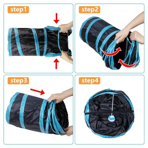 Cat Tunnel, 3 Way Cat Tunnels for Indoor Cats, Foldable Cat Tubes and Tunnels for Indoor Cats, Kitty Bored Peek Hole Toy Ball Cat, Puppy, Kitty, Kitten, Rabbit, Guinea Pigs (Blue & Black)