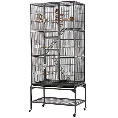 Yaheetech 69" Large Bird Cage for Parakeets, Budgies, 3-Tier Flight Cage | Detachable Rolling Stand, Easy Cleaning Slide-out Tray, Multi-door Access, 0.4'' Bar Spacing, Free Accessories - color: Black