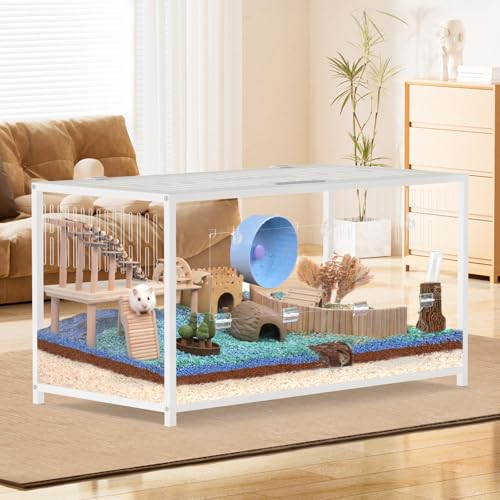 Large Metal Hamster Cage - Chew Proof Syrian Hamster Cage & Habitat with Acrylic Panels, Top Open, Breathable, Big Hamster House for Gerbils, Guinea Pigs, 40.5 x 20.4 x 22 Inch, White