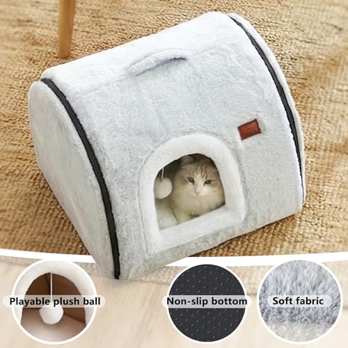 cat Bed cave-cat beds for Indoor Cats,Soft and Comfortable Cute Pet Bed，cat House,with Removable Washable Cushioned Pillow,Enclosed cat Bed,Kitty pet hut、Hideaway,Small Large Dog Tent (Grey) - color: Gray, size: L:(20.4"×15.5"×15")