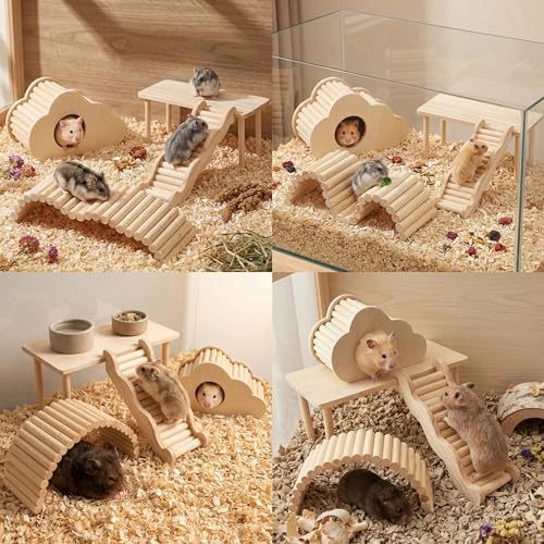 Hamster Platforms Wooden Ladder Bendy Bridge Fence Hidden Play House | Hamster Game Climbing Toy with Platform Decor Cage Accessories for Dwarf Syrian Mice Degus Gerbils Squirrel Small Pets - color: 4 Pcs-1