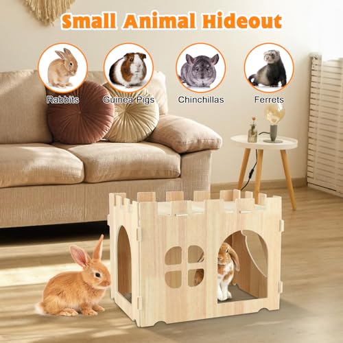 YUEPET Wooden Rabbit Castle, Bunny Castle & Detachable Rabbit House Hideout | Poplar Plywood Panels, Tool-Free Assembly, 12 Rubber Fastening Rings, Two-Level Hideout, Bunny House Indoor - size: Rabbit Castle+No Ramp