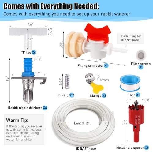 Automatic Rabbit Watering System, Gravity Fed Rabbit Waterer Kit | Rabbit Water Dispenser Includes 6 Sets of Rabbit Water Nipples Drinkers and 16 Feet of ID 5/16" Hose - size: 6 pcs
