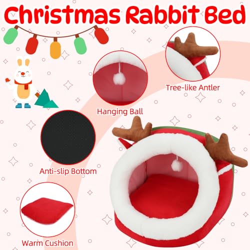 YUEPET Christmas Pet Bed, Reindeer Cave, Bunny Hideout, Guinea Pig Hideout | Semi-Closed Reindeer Cave, Warm Plush Fabric, Removable Cushion, Washable Bed, Anti-Slip Base, Size S, 13.8 in