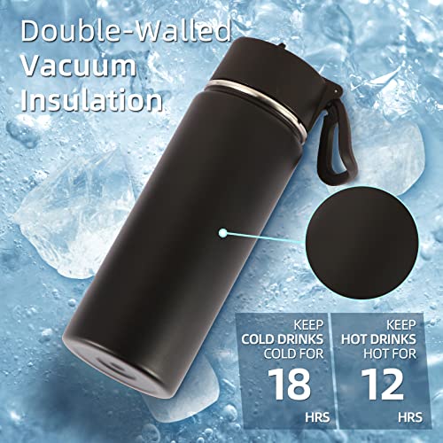 Volhoply 18oz Kids Insulated Water Bottle,Stainless Steel Water Bottles with Straw Lid,Double Wall Vacuum Reusable Metal Water Bottle,Wide Mouth Sports Water Flask For Cold Drink(Black,1 Set) - color: Black