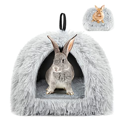 YUEPET Bunny Hideout, Cozy Rabbit Bed House for Small Pets, Grey | Long Plush Guinea Pig Cave Bed, Removable Washable Pad, Non-Slip Base, Warm Rabbit Hideaway for Guinea Pig Ferret