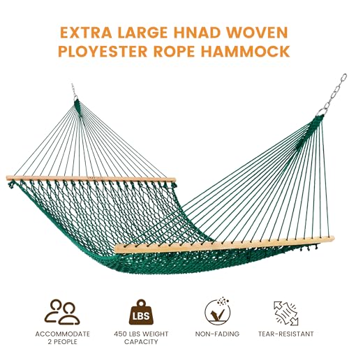 Lazy Daze 13 Ft Double Handwoven Polyester Rope Hammock with Tree Straps | Mesh Hammock for 2 Person, with Spreader Bar, Carabiners, Chains for Outside, Backyard, Patio, 450 Lbs Capacity - color: Green