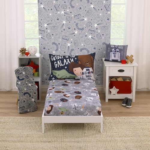 Star Wars Welcome to the Galaxy Navy and Gray Yoda, Princess Leia, R2-D2, and Chewbacca 2 Piece Toddler Sheet Set - Fitted Bottom Sheet and Reversible Pillowcase - color: Welcome to the Galaxy