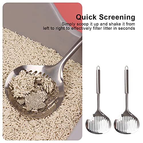 2pcs Cat Litter Scoop, Stainless Steel Litter Scoop Long Handle Durable Cat Mesh Shovel (Sliver)