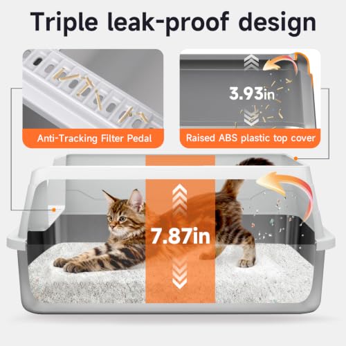 Stainless Steel Cat Litter Box for Small Cats, Odor Free Metal Litter Box | High Sides Lid Open Top Low Entry Litter Pan Easy Cleaning Kitty Cat Box Anti-Urine Leakage Non-Sticky Include Scoop - color: Light Grey S