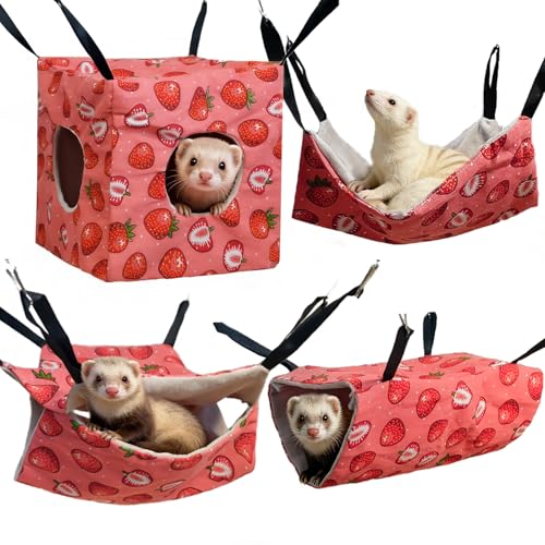kathson 4 PCS Ferret Hammock Set,Washable Guinea Pig Hideout Bed,Soft Hamster Toys Hanging Tunnel Mats, Small Pets Cage Accessories for Rat, Sugar Glider, Squirrel(Pink) - color: Pink