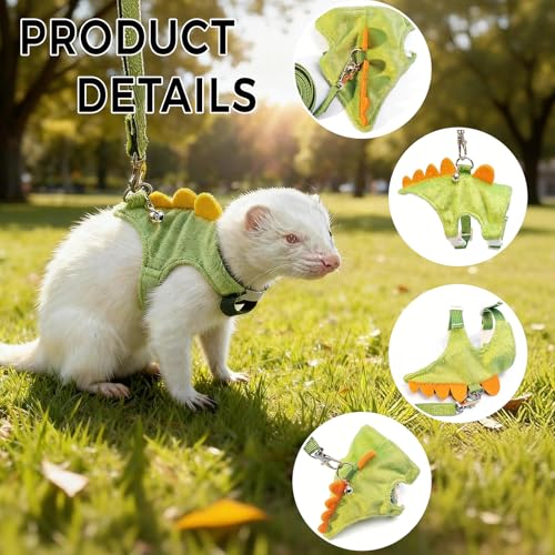 Harness and Leash Set for Small Pets, Dinosaur Shaped Vest Harness, Adjustable Soft Plush Vest with Bell for Guinea Pigs, Ferrets, Hamsters, Hedgehogs - Safe Outdoor Walking Adventure Gear,Green