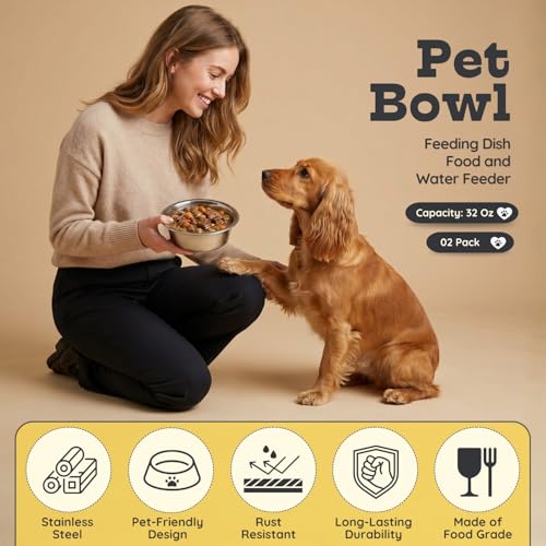 2 Pack Shallow Stainless Steel Cat & Dog Bowls, 4 Cup (32oz) Each, Heavy Duty Small Pet Only Puppy Kitten & Birds Feeder Replacement Bowl, Rust Resistant Metal Cat Dishes for Food & Water - size: 4 Cup (32oz)