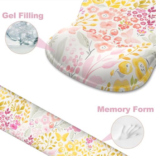 Ergonomic Mouse Pad with Wrist Rest and Keyboard Wrist Rest, Gel Mousepad and Wrist Rest for Computer Keyboard, Pain Relief, Non-Slip PU Base, Mouse Pad Wrist Support for Gaming, Pink Yellow Flowers - color: Floral Brust