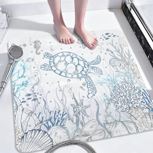 Sea Turtle Square Anti Slip Shower Mats for Inside Shower Accessories, Cute Bath Mats for Bathroom Non Slip Shower Floor Mat Decor Rubber Bathmat With Suction and Drain Holes Machine Washable, 21″X21″ - color: C04, size: 21" x 21" (Square)